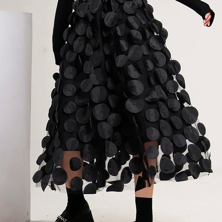 S-3XL Retro Goth 3D Design Polka Dot Tulle Mesh Skirts Womens Spring Summer High Waist Elastic Midi Long Tutu Skirts Female