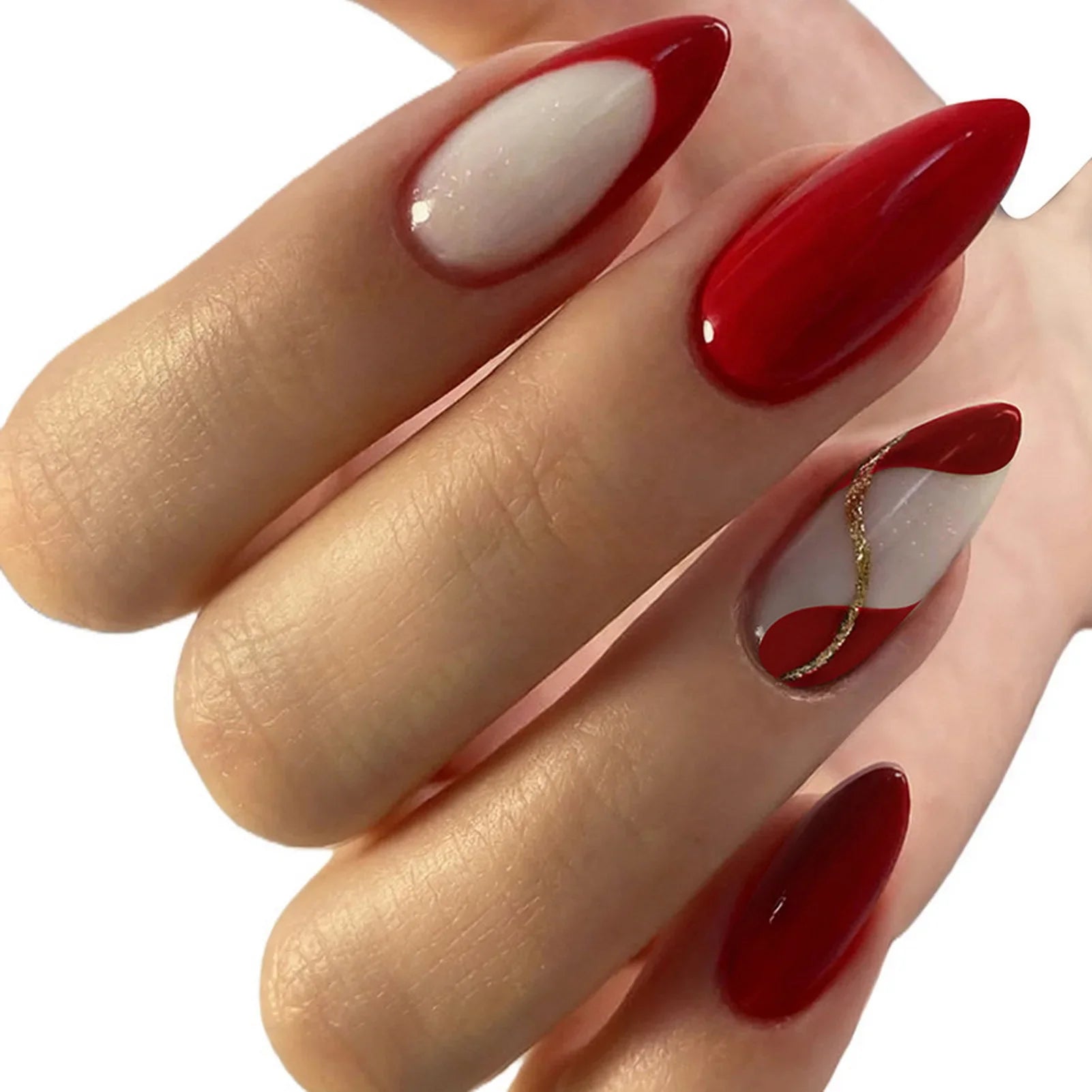 24Pcs Almond Fake Nails Women Girls New Year Party Press On Nails Red/Brown/Orange French False Nails DIY Charm Manicure