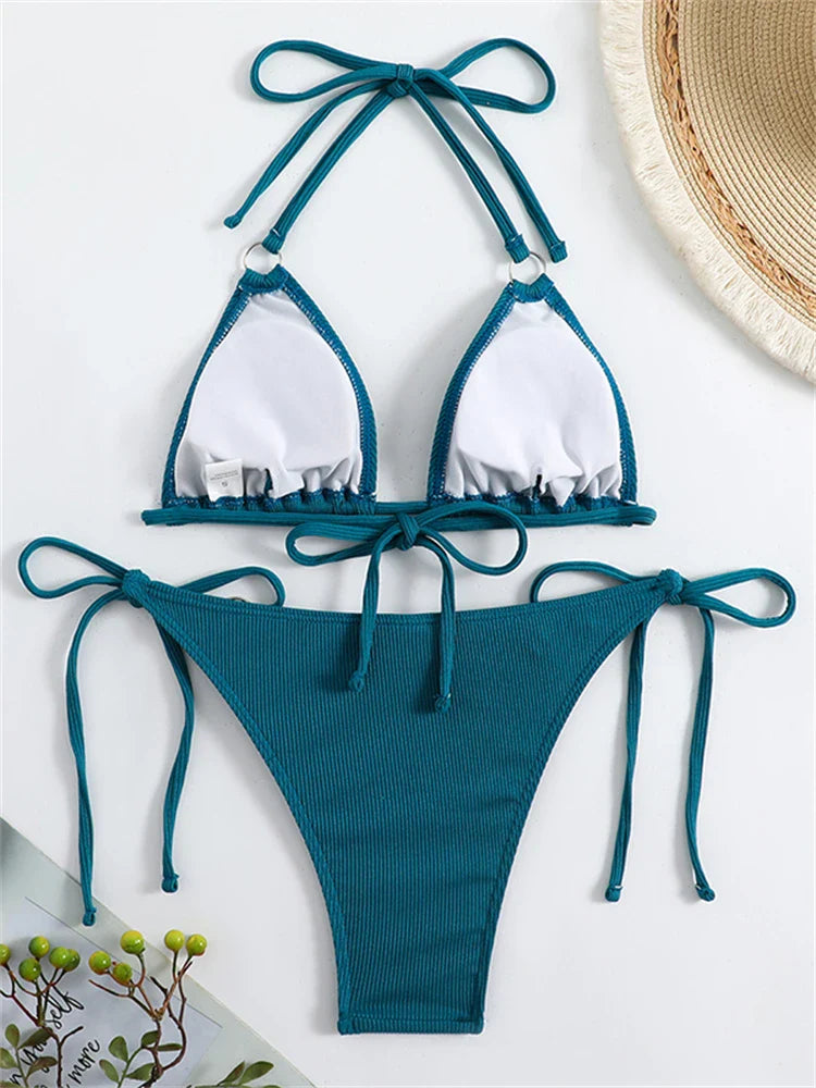 Bikini Women Swimsuit New Solid Ribbed Halter Bikinis Set Sexy Lace Up Swimwear Summer Two Piece Beach Bathing Suit Female