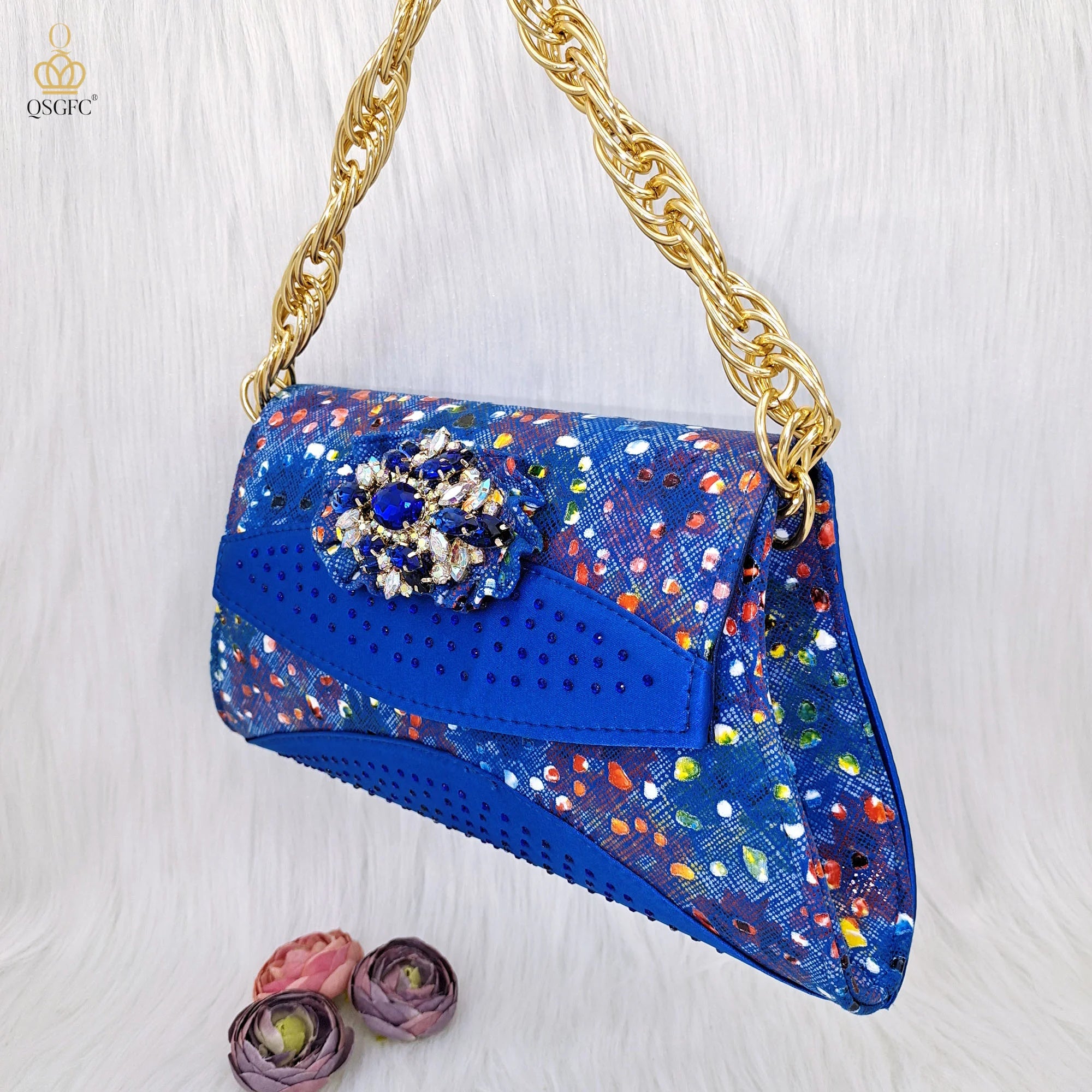 All-match French Open-toe Rhinestone Stiletto Low Heel Shoes Royal blue Color Women's Shoes And Bags