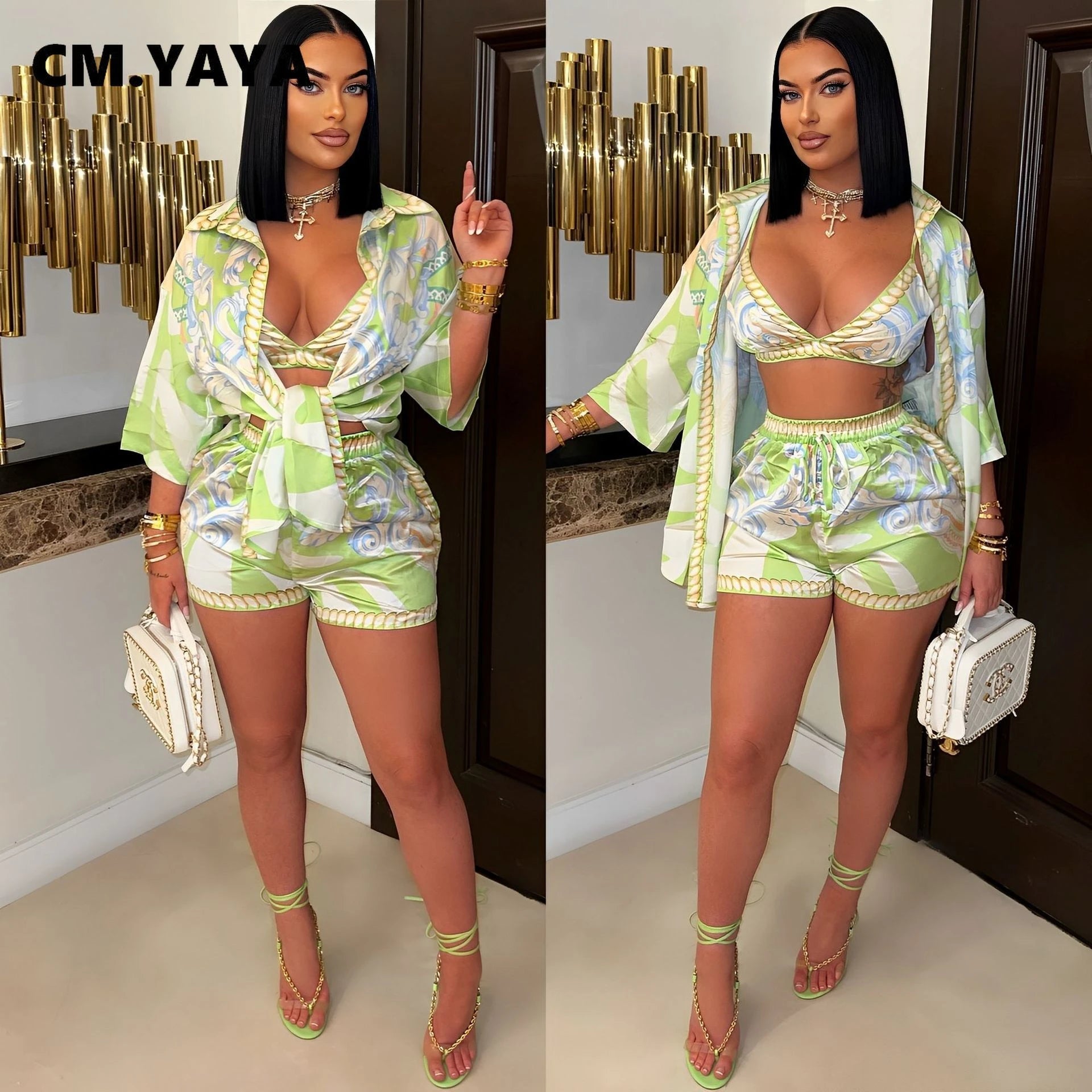 CM.YAYA Paisley Printed Women's Set Three Quarter Sleeve Blouse + Bra Top and Shorts 2025 Beach 3- Piece Sets Outfit Tracksuits