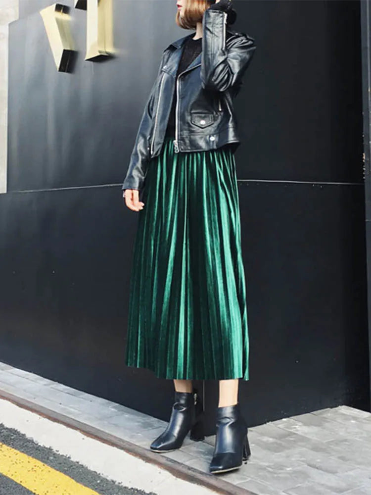 Spring Women Long Metallic Silver Maxi Pleated Skirt Midi Skirt High Waist Elascity Casual Party Skirt green One Size