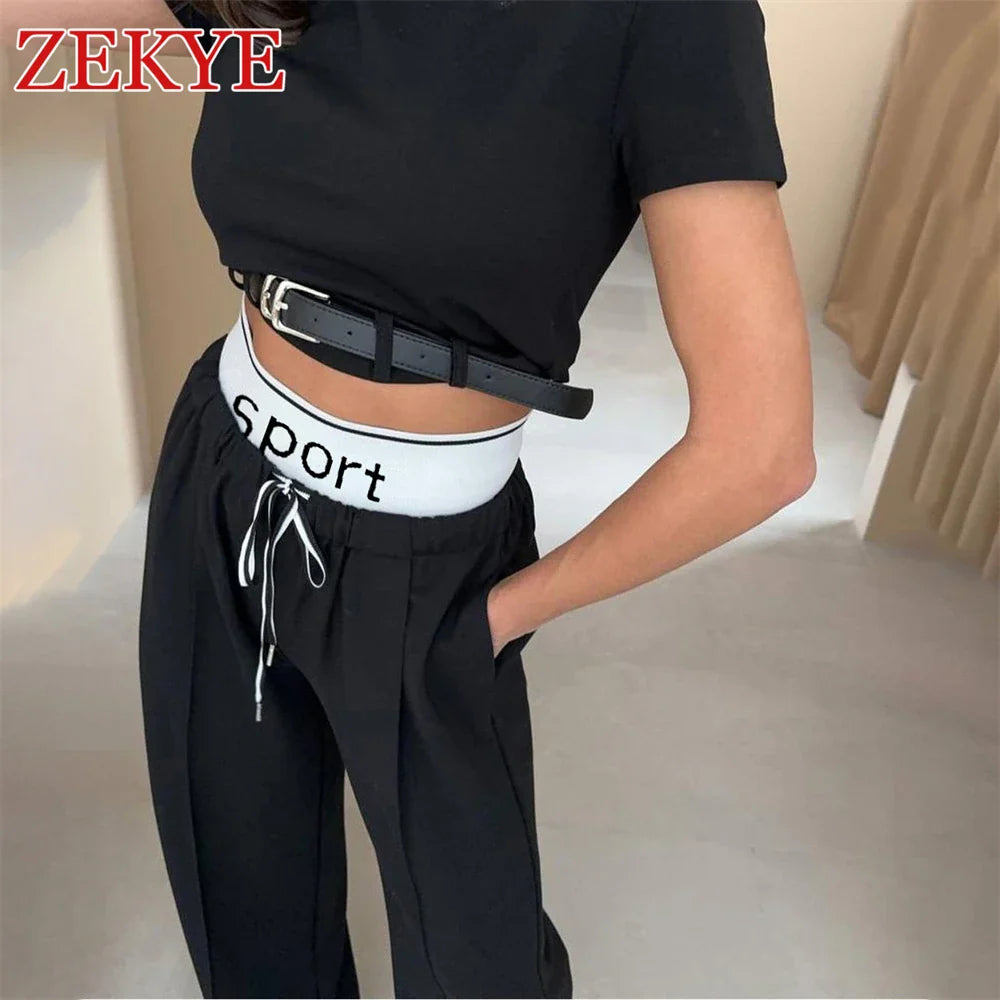 Zekye Casual White Loose Wide Leg Pants Set Women Outfit Korean Patchwork Street Style Short Sleeve T Shirts 2 Pieces Set Top