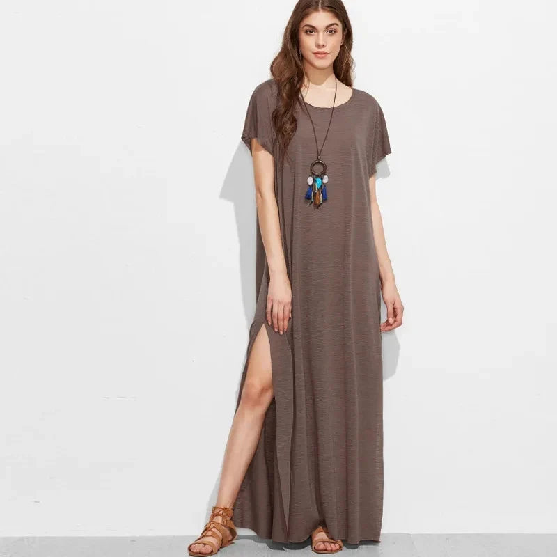 Summark Maxi T Shirt Dress Women Summer Beach Casual Work Sexy Boho Elegant Vintage Bodycon Wrap Black Long Dresses Plus Size Brown