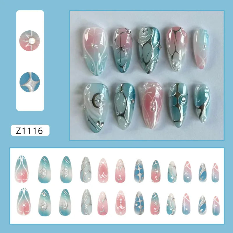 24pcs Ins Almond Press on Nails Gothic Sliver Metal Line y2k Fake Nails Detachable Wearable Sweet Cool Spicy Girl False Nails