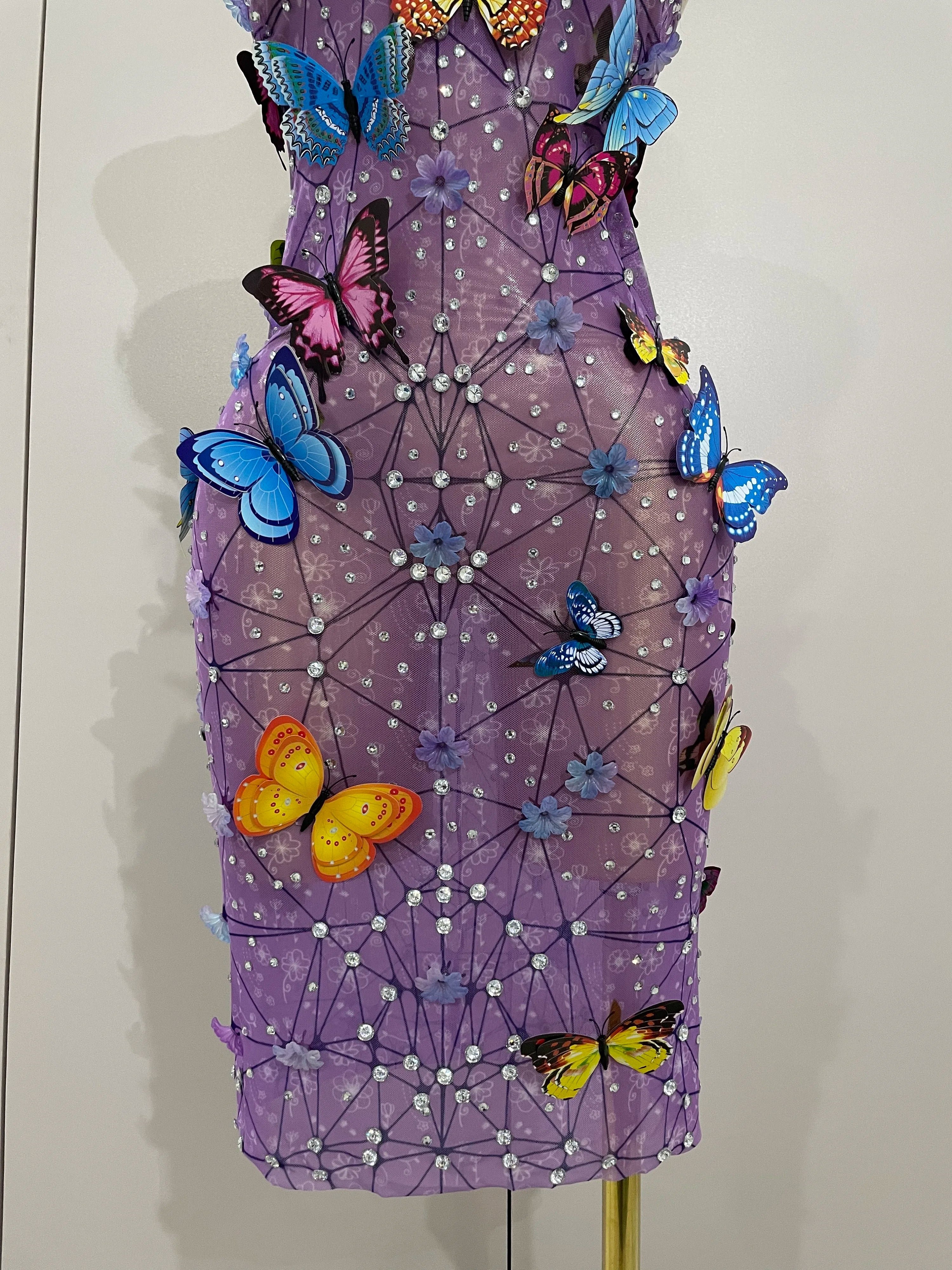 Women Celebrity Luxury Birthday Nightclub Stage Outfit 2025 New Arrival Sparkly Butterfly Purple Sexy Mesh See Through Dress