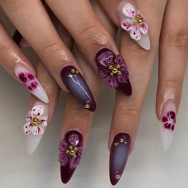 24pcs 3D Purple Flowers False Nails Cat Paw Printed Decor Press on Nails Wearable Detachable Fake Nail Patches Free Shipping