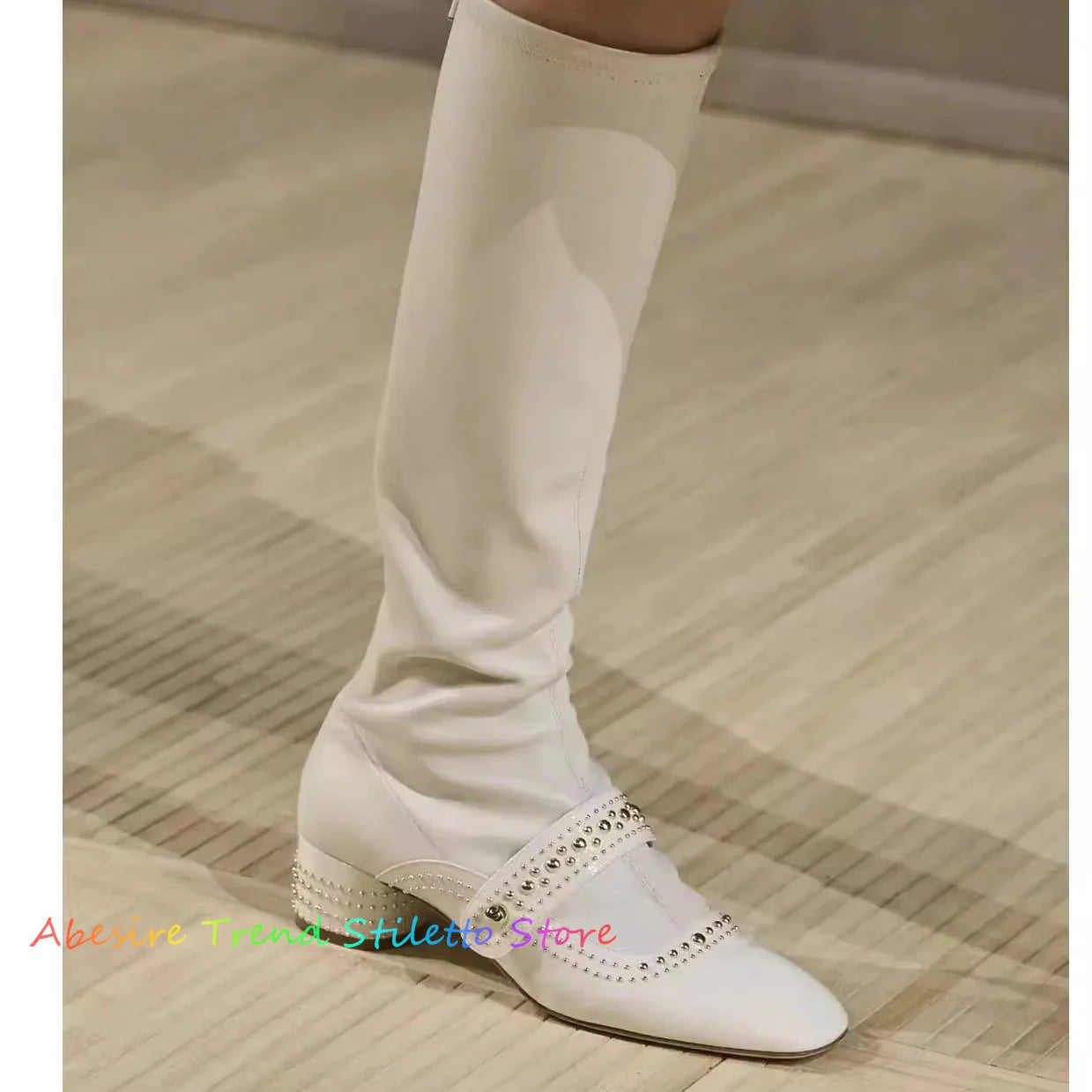 White Retro Studded Knee High Boots for Women New High Tube Thick Heels Back Zipper Elastic Slim Boots Black Knight Boots