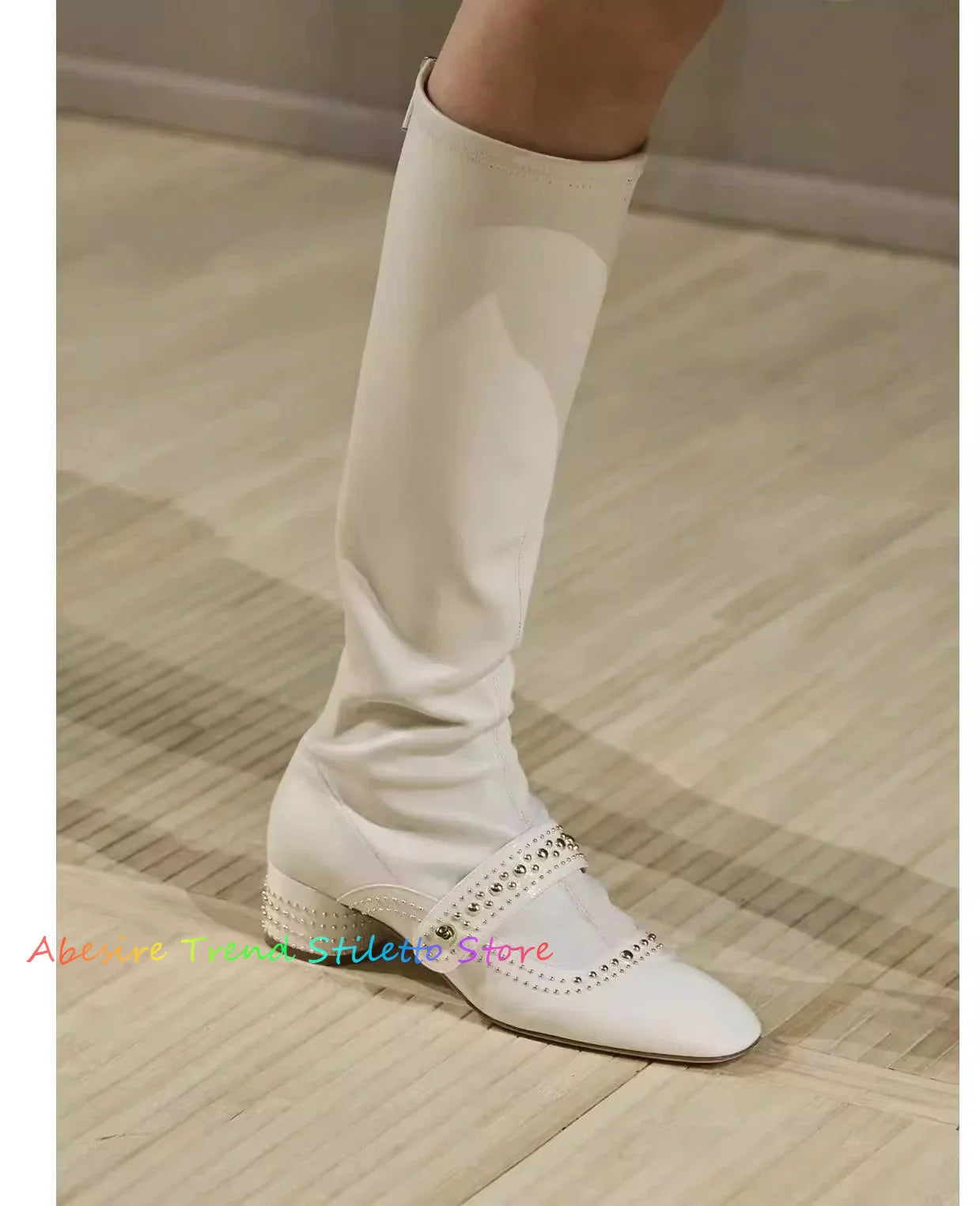 White Retro Studded Knee High Boots for Women New High Tube Thick Heels Back Zipper Elastic Slim Boots Black Knight Boots