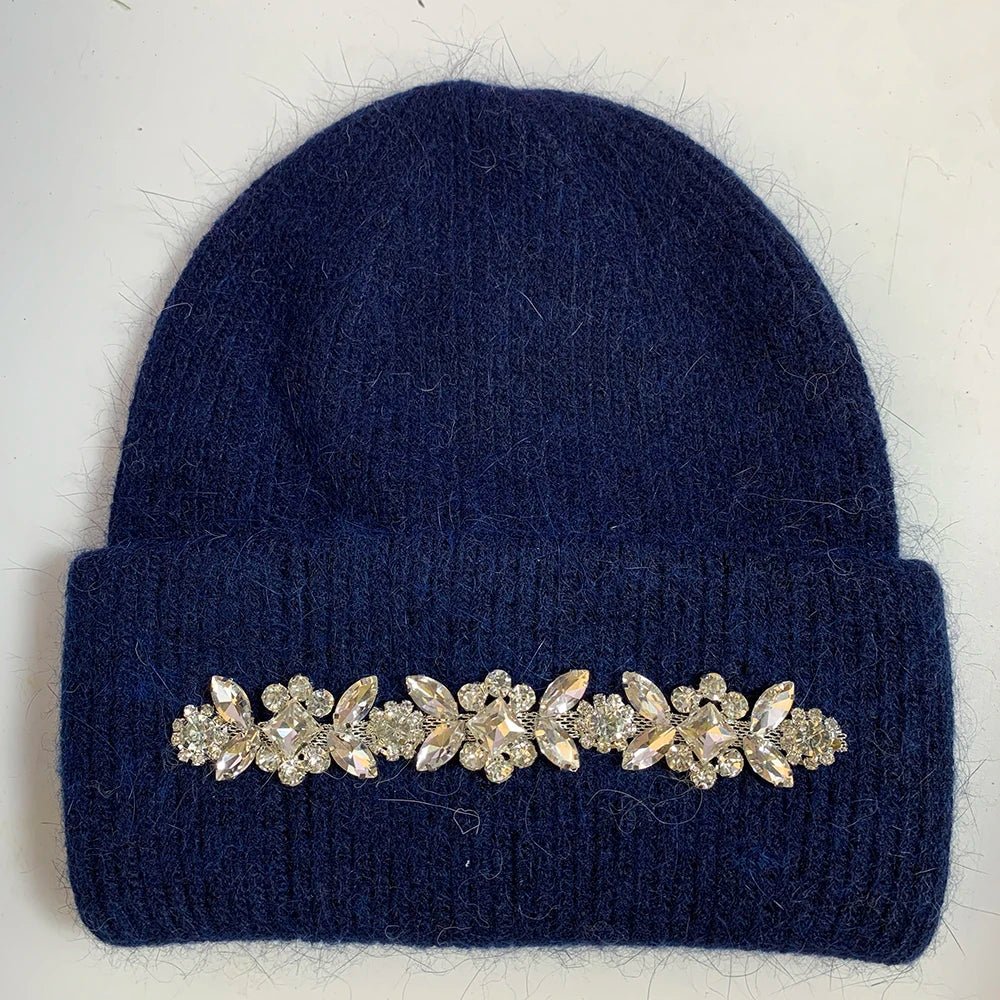 Real Rabbit Fur Knitted Hats for Women Winter Warm Beanie Luxury Rhinestones Bonnet Lady Outdoor Skiing Skullies Beanies Caps navy blue