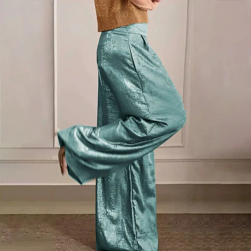 Spring Vintage Metallic Color Casual Pants Women Fashion High Waist Loose Straight Trousers Summer Pocket Wide Leg Pant Harajuku As Picture