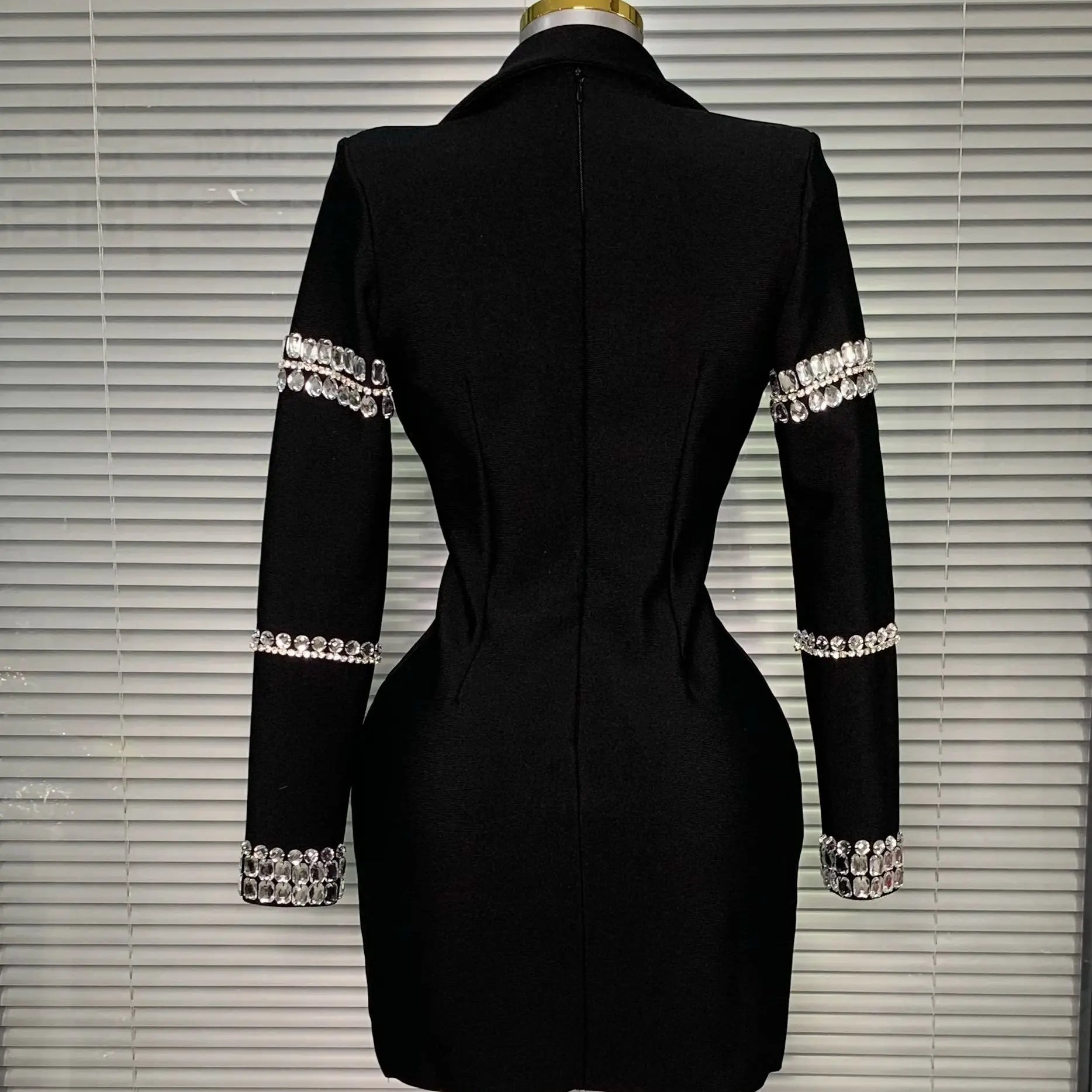 Brand New 2025 Women Sexy Deep V Neck Long Sleeve Beaded Blazer Bandage Dress Elegant Evening High Street Party Dress