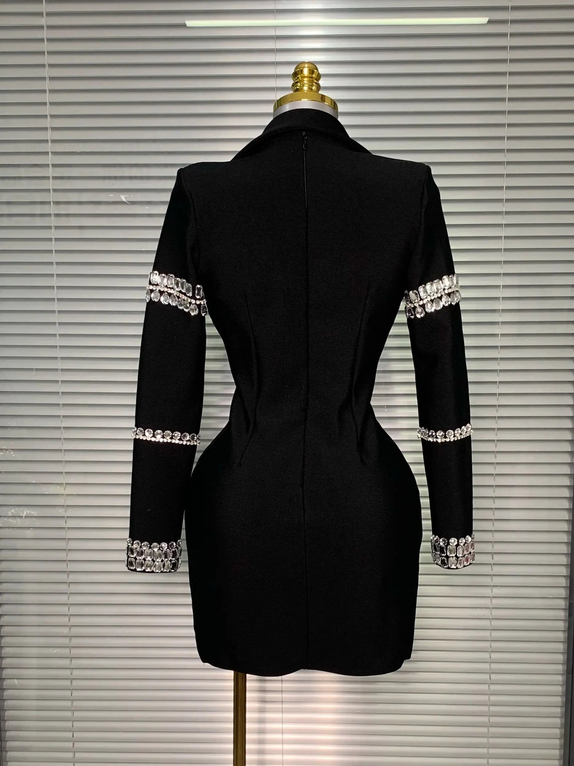 Brand New 2025 Women Sexy Deep V Neck Long Sleeve Beaded Blazer Bandage Dress Elegant Evening High Street Party Dress