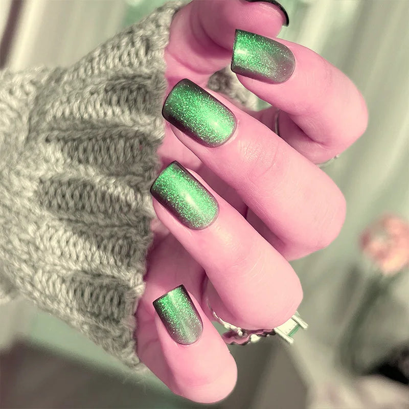 24pcs/set cat eyes fake nails for women girls red brown green blue grey sparkling short tips faux ongles press on false nail