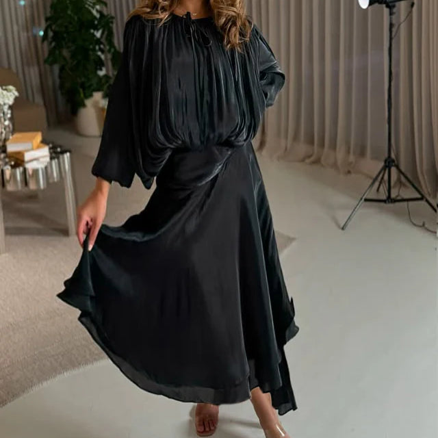 TWOTWINSTYLE Solid Loose Spliced Folds Elegant Dresses for Women Round Neck Long Sleeves Patchwork Lace Up Dress Female Fashion