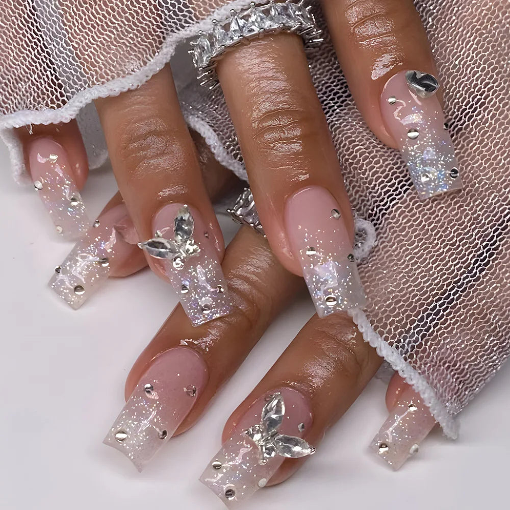 24Pcs Mid-length Square French False Nails with 3D Bow Flower Pearl Design Fake Nails Tips Rhinestone Detachable Press on Nails