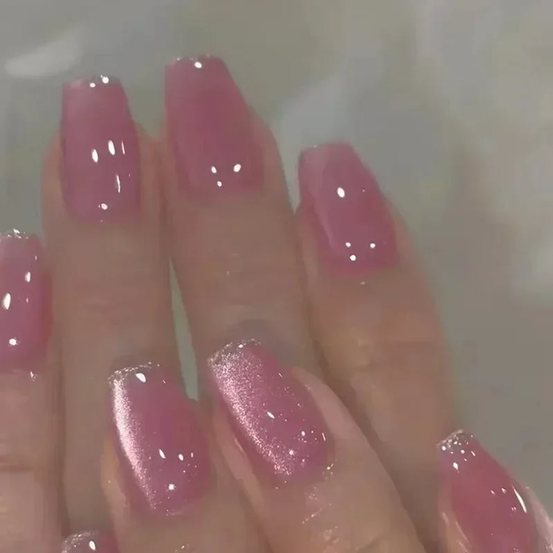 24Pcs Medium Short Square False Nails Glittering Nail Art White Wearable Fake Nail Silver French Full Cover Press on Nail Tips