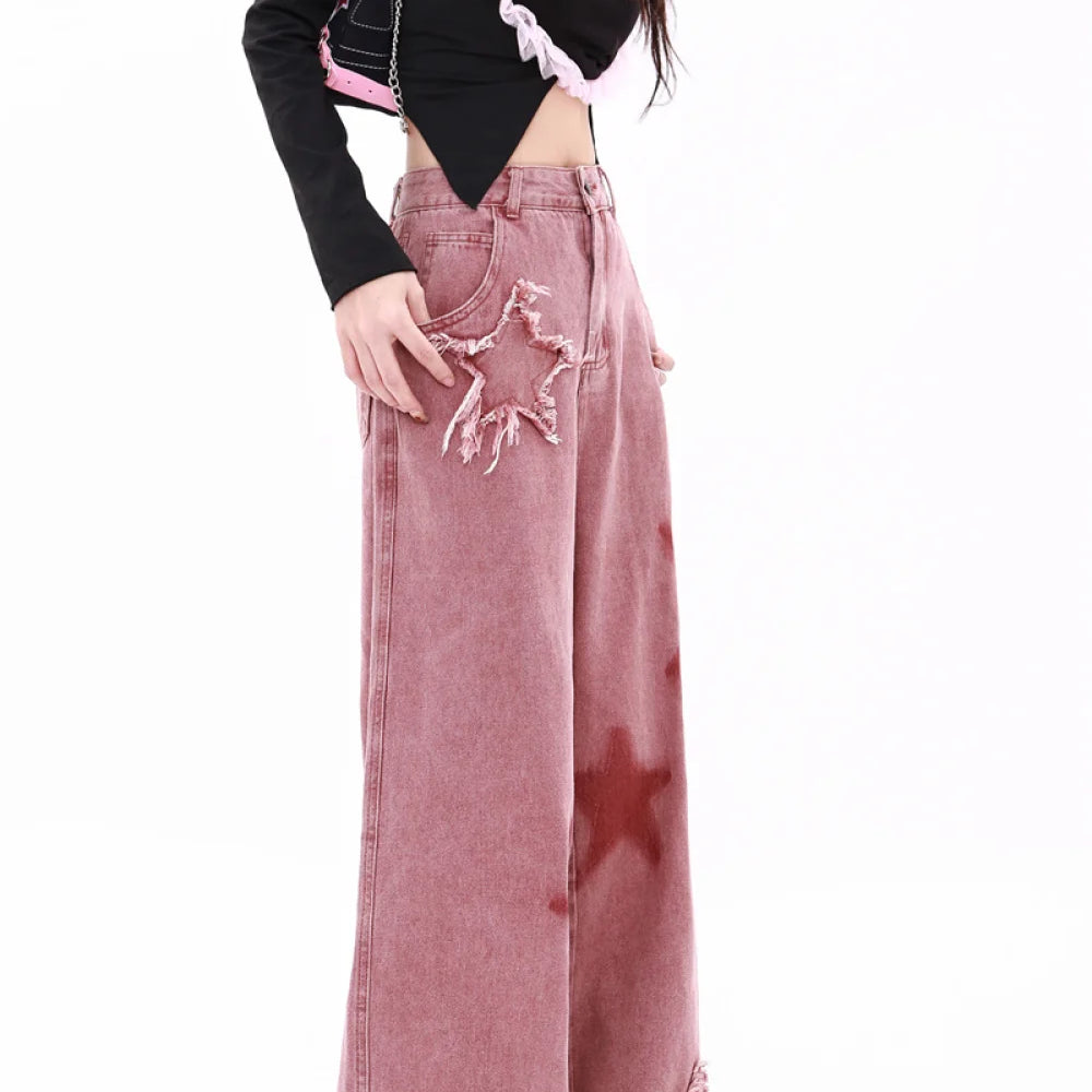 Embroidery Star Jeans for Women Autumn New In Corset High Waist Jeans Pants for Women Straight Pink Winter Wide Pants Women Y2K