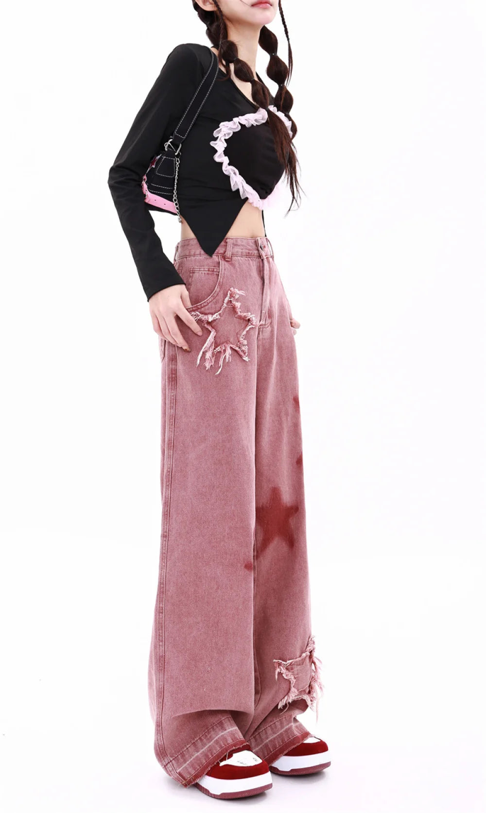 Embroidery Star Jeans for Women Autumn New In Corset High Waist Jeans Pants for Women Straight Pink Winter Wide Pants Women Y2K