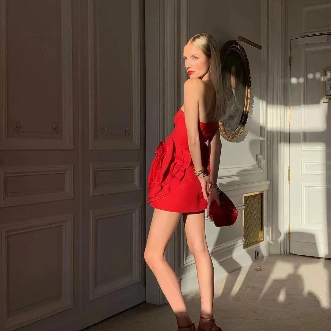 New Stereoscopic Flowers Strapless Red Bandage Mini Evening Dress Fashion Woman Birthday Party Dress Celebrity Party Outfit