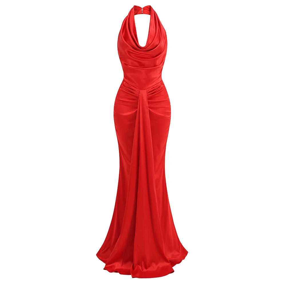 Red Color Women Sexy Off the Shoulder Backless Satin Long Maxi Dress Wedding Party Mermaid Celebrate Dress Wholesale