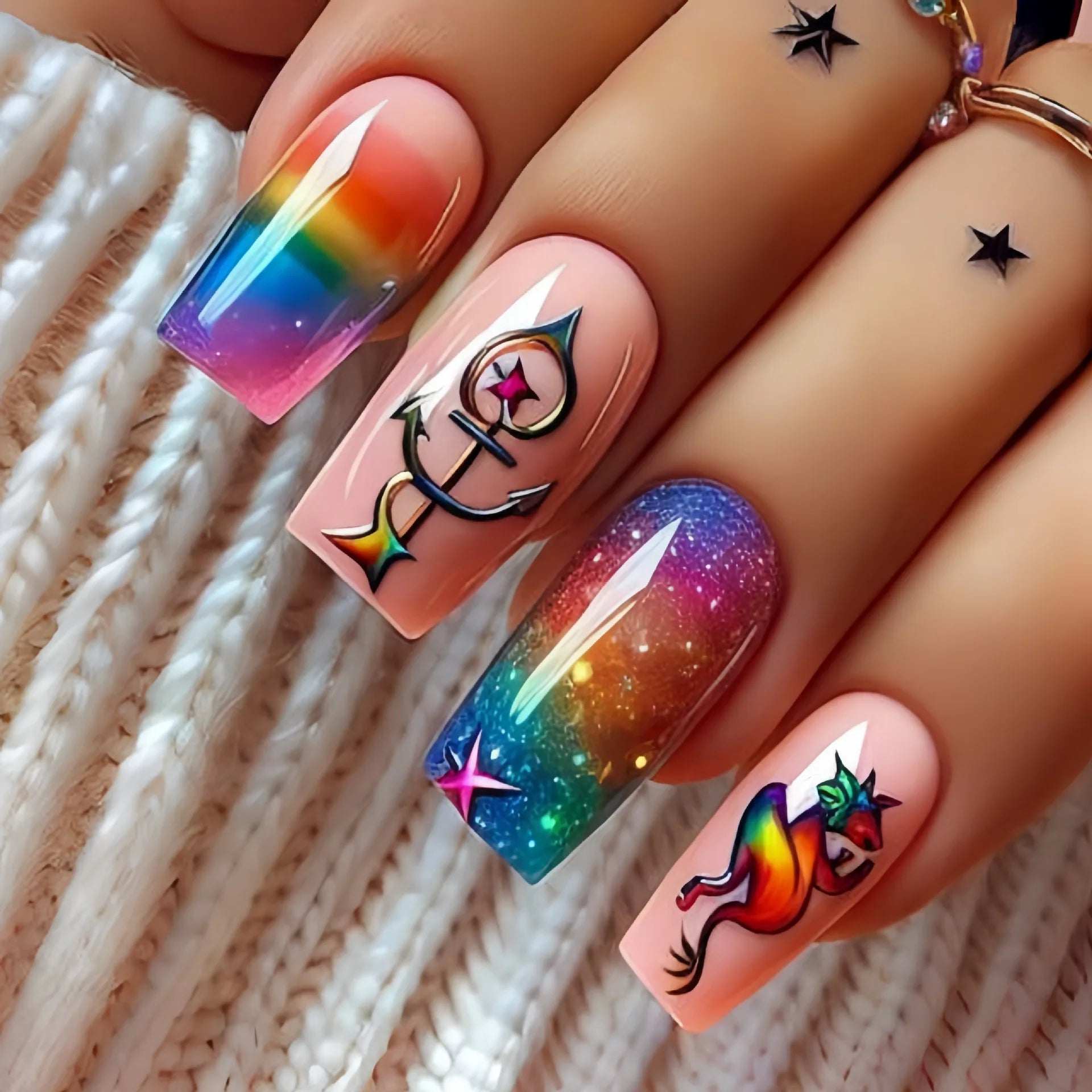 24pcs/set Medium long fake nail tips for women colorful gradient glitter starry design for Spring Summer press on false nail art