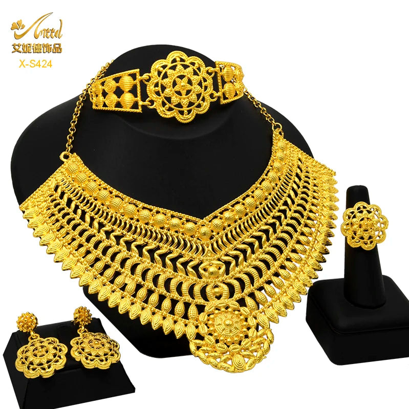 Indian Big Plated Gold Jewelry Women Necklace Sets Dubai African Party Bridal Wedding Gifts Arabic Necklace Jewelry Sets S-424
