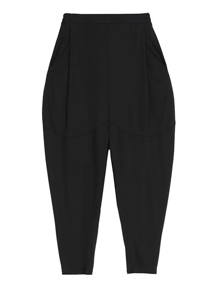 [EAM] High Elastic Waist Black Pockets Thin Harem Pants New Loose Fit Trousers Women Fashion Tide Spring Summer 1DF4728