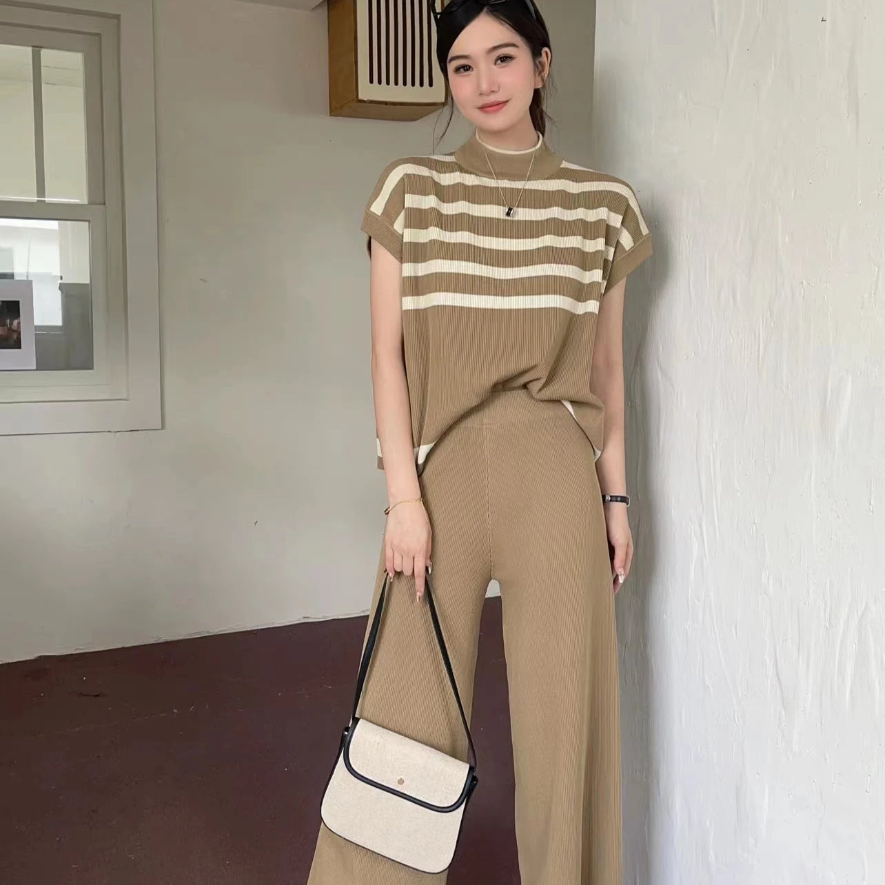 Spring Women Sweater Set Casual Pullovers Suits Winter Knitted Loose Striped Sleeveless Elegance Tops Wide Leg Pants Camel