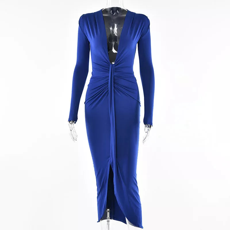 Elegant Pleated Casual Bodycon Long Dress Autumn Winter Women Slim Evening Party Robe Sexy Bandage Ladies Dress Blue