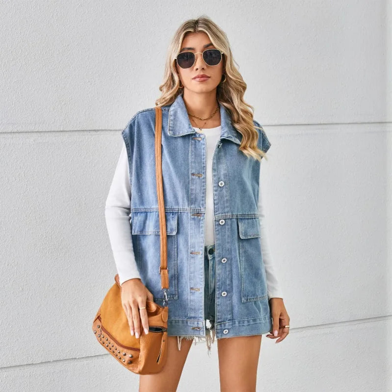 Gilet d'été en denim pour femmes, gilet sans manches en denim à la mode 