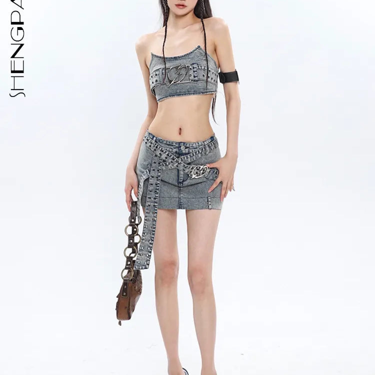 Shengpalae Fashion Wanita Denim 3 Piece Sets Desain Logam Tanah Fishbone Strapless Belt Mini Rok Flare Summer 2023 Baru 5R5066