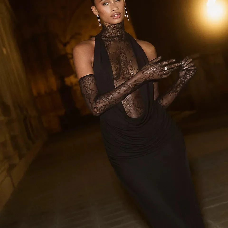 Women Black Color Women Sleeveless Off the Shoulder Lace Bodycon Long Dress Celebrate Evening Party Bar Club Wear