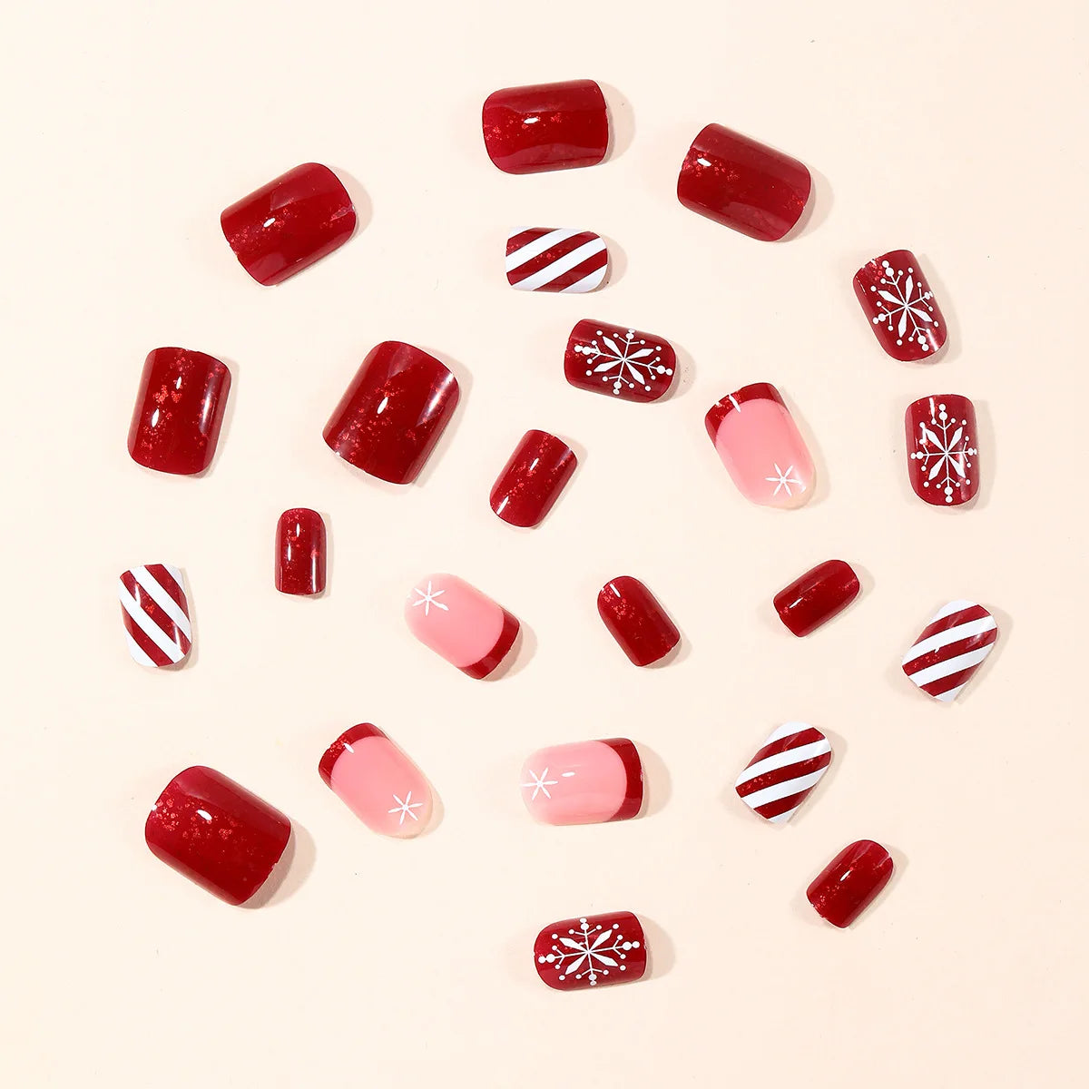 24Pcs Short Square Fake Nails Red French Press On Nails Snowflake/Striped Printed Women Girls Christmas Party False Nails