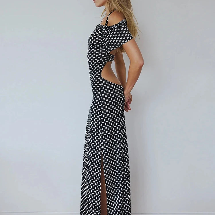 Off-shoulder Polka Dot Maxi Dress For Women Gown Fashion Halter Sleeveless Backless bodycon Split Long Dress Elegant
