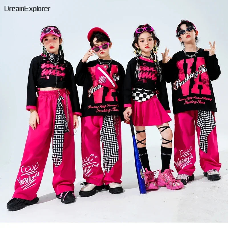 Girls Hip Hop Crop Top Street Dance Skirts Boys Cool Sweatshirt Pink Cargo Pants Child Streetwear Kids Jazz Costumes Clothes Set