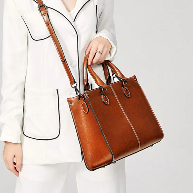 Bolsa feminina de ombro transversal, bolsa tote de couro genuíno para compras, moda escritório feminina de couro de vaca real com alça superior 