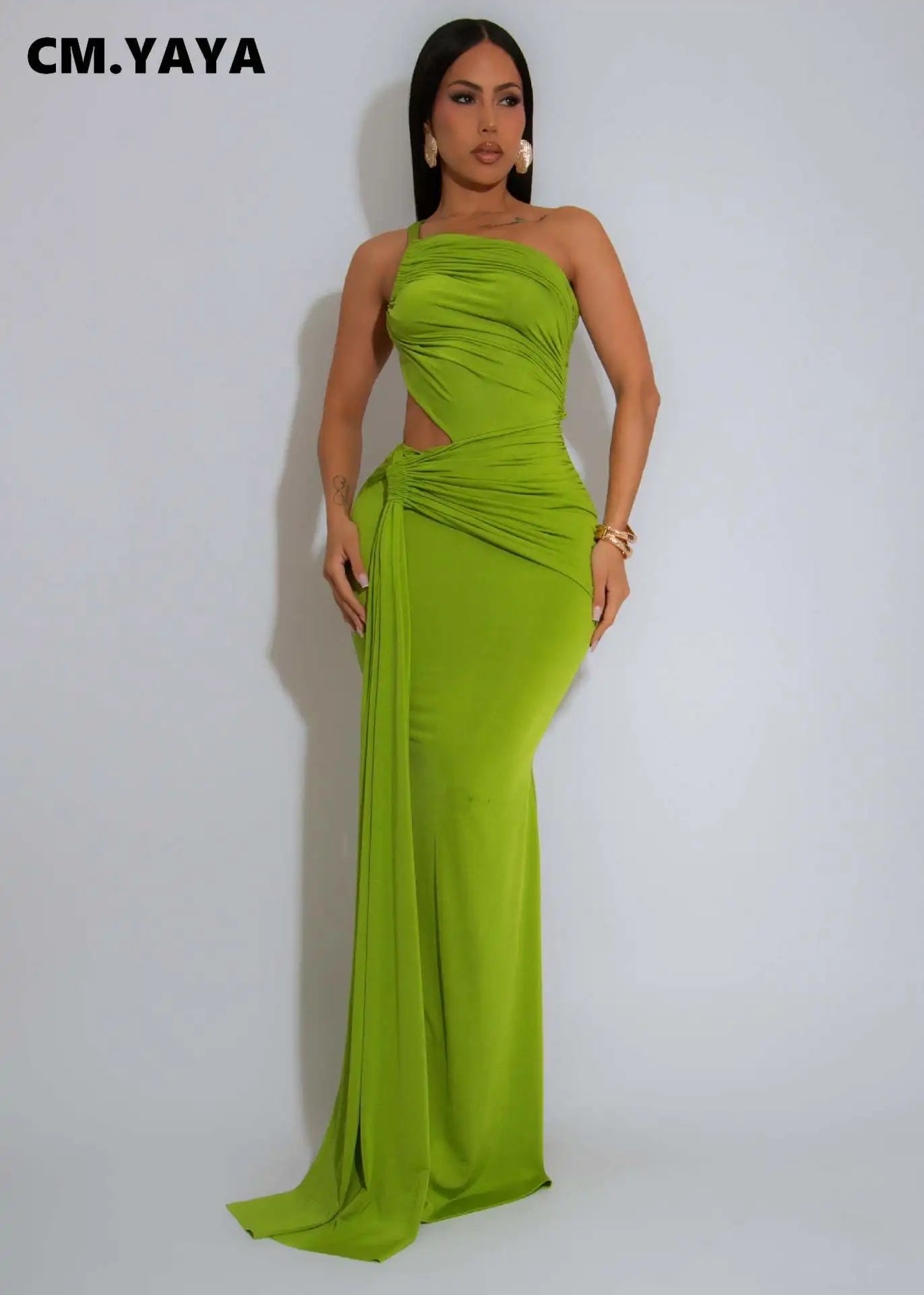 CM.YAYA Women Sleeveless Hollow Out Strap Ruched Maxi Long Dress 2025 Summer Street Sexy Party Birthday Evening Dresses Vestidos