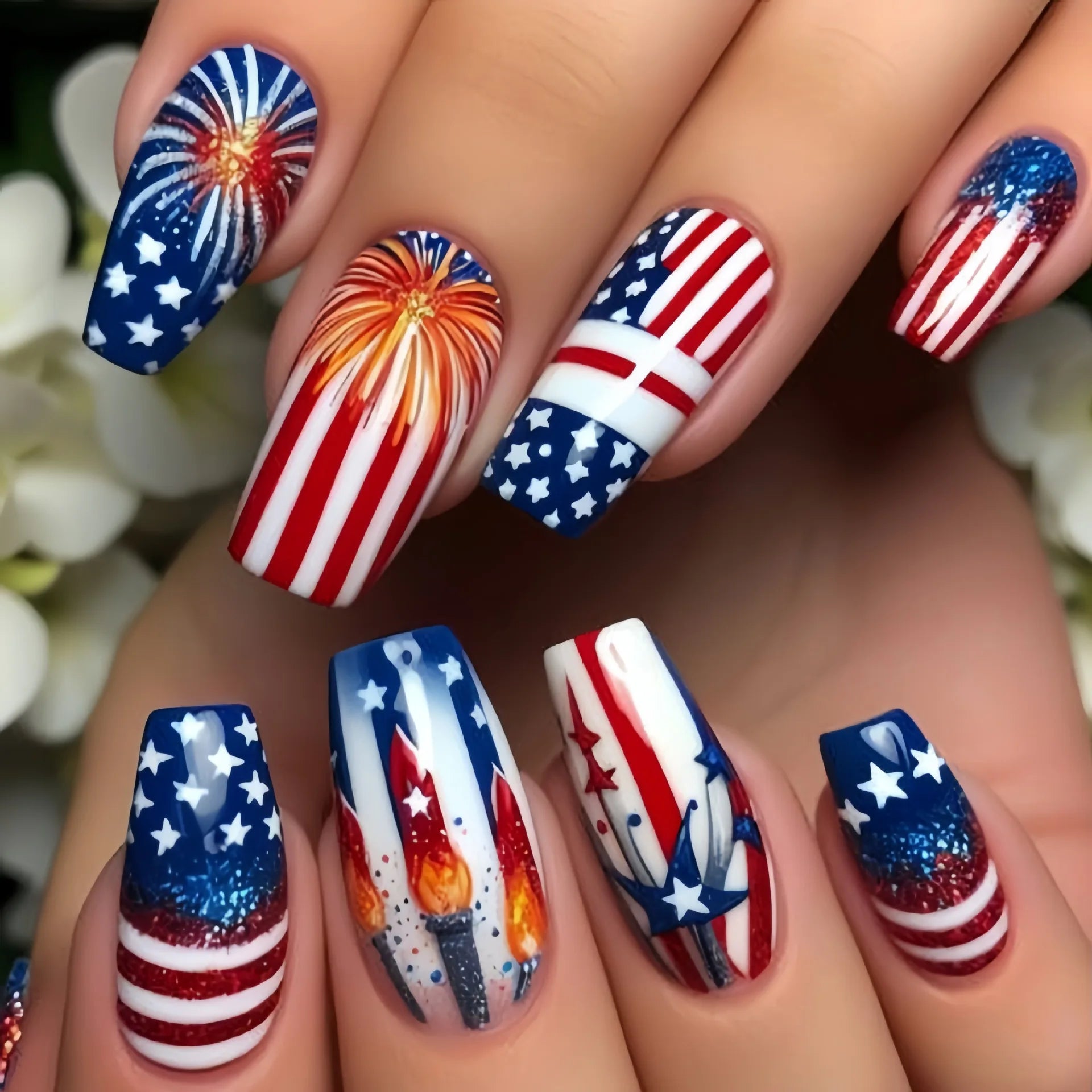 24pcs/set Short Medium square ballet fake nails tip for American Independence Day blue red flowers star flag press on false nail