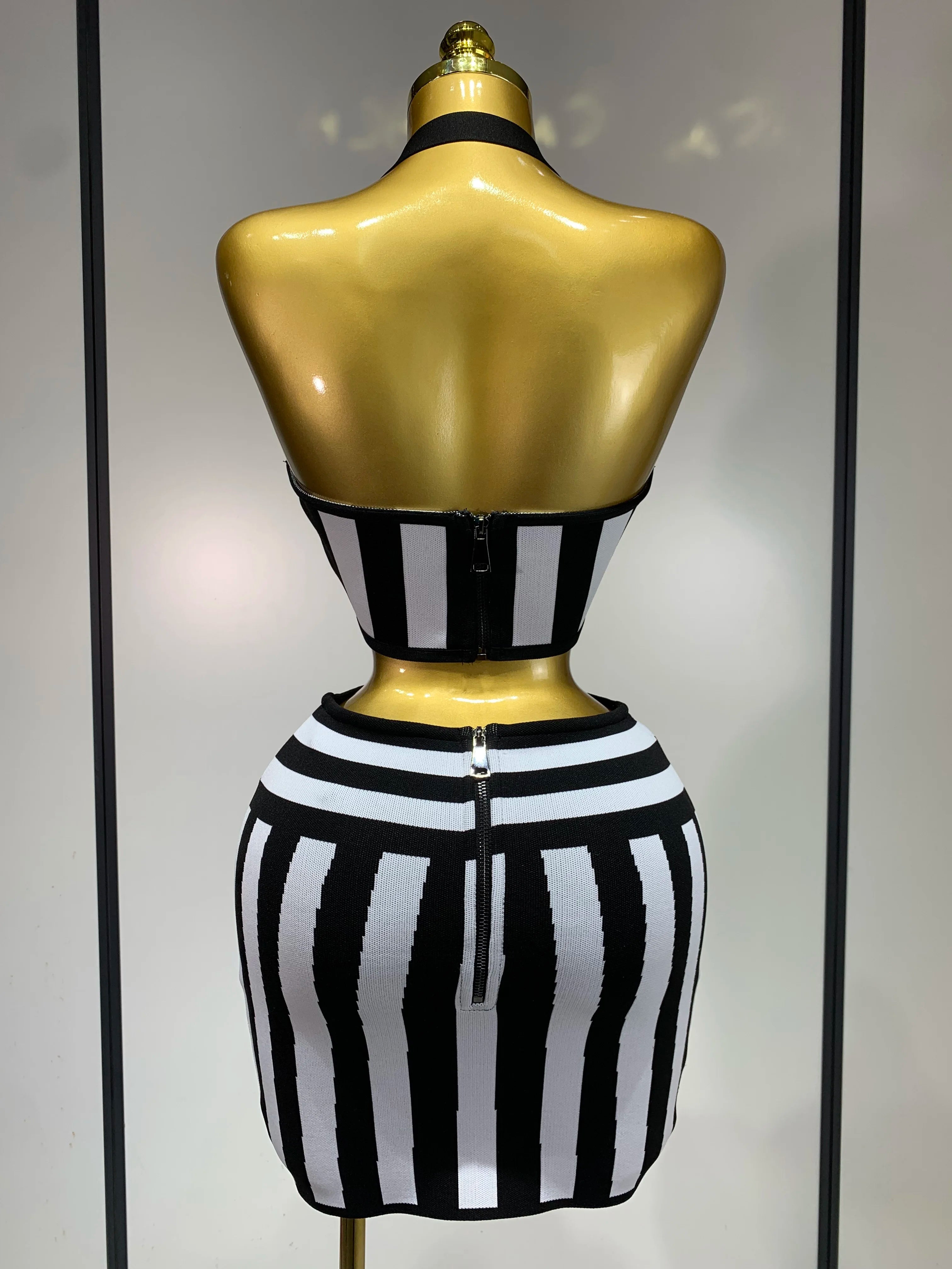 Women Sexy Backless Halter Striped Bandage Skirt Two Piece Set 2025 Knitted Celebrity Elegant Evening Birthday Party Dresses