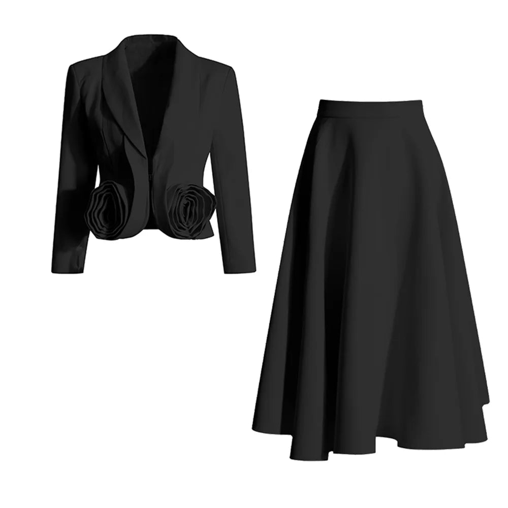 TWOTWINSTYLE Elegant Two Piece Set For Women Shawl Collar Long Sleeve Spliced Appliques Top High Waist A Line Skirt Slim Sets