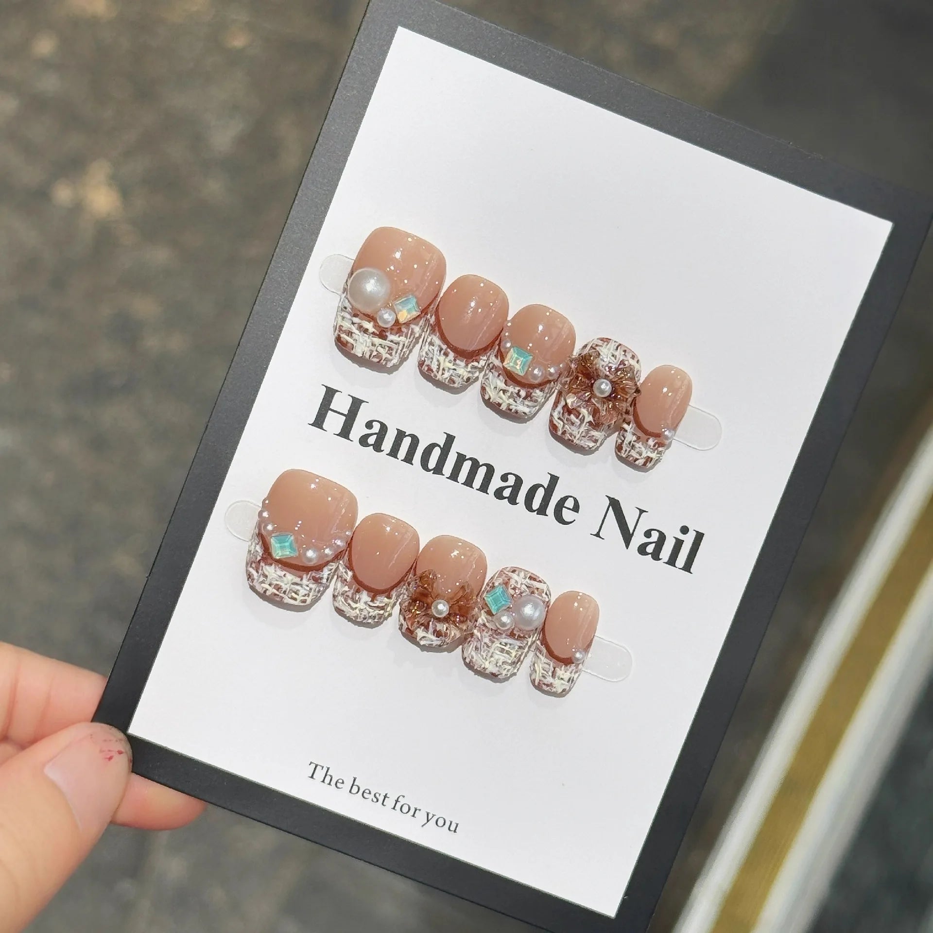 10Pcs New Autumn Nude Color French Short Press on Nails Pearls Chain Elegant Ballet Manicure Set Detachable Finished Beauty Nail