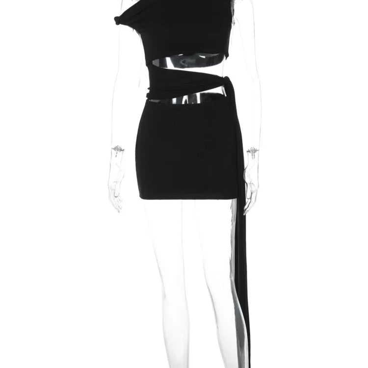 Hollow Out Oblique Shoulder Sexy Mini Dress For Women Robe Summer Black Sleeveless Backless Draped Skinny Club Dress