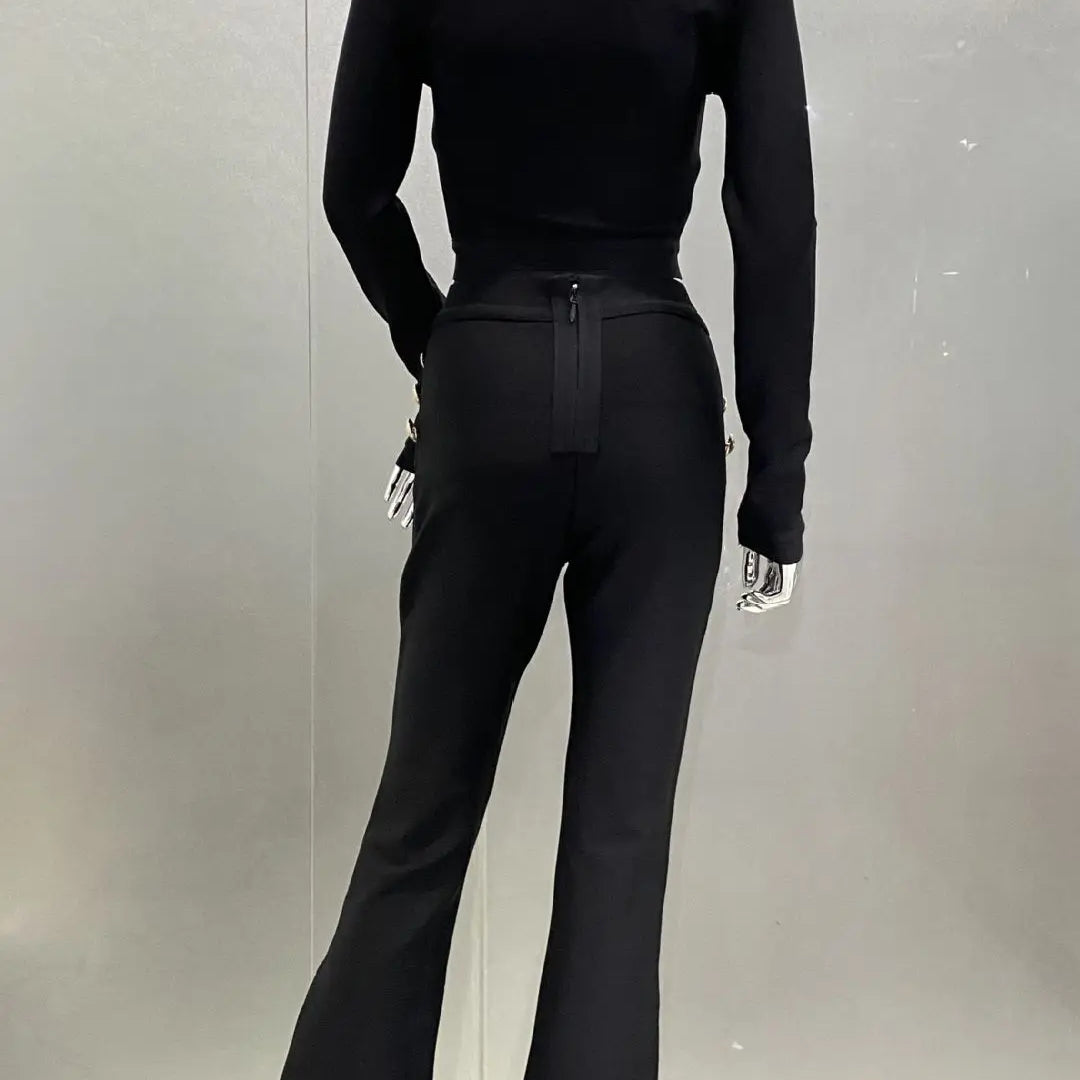 High Quality Bandage Expose Waist Woman Set Fashion Golden Buttons Short Coat Top And Flare Pants 2 Pieces High Street Wear