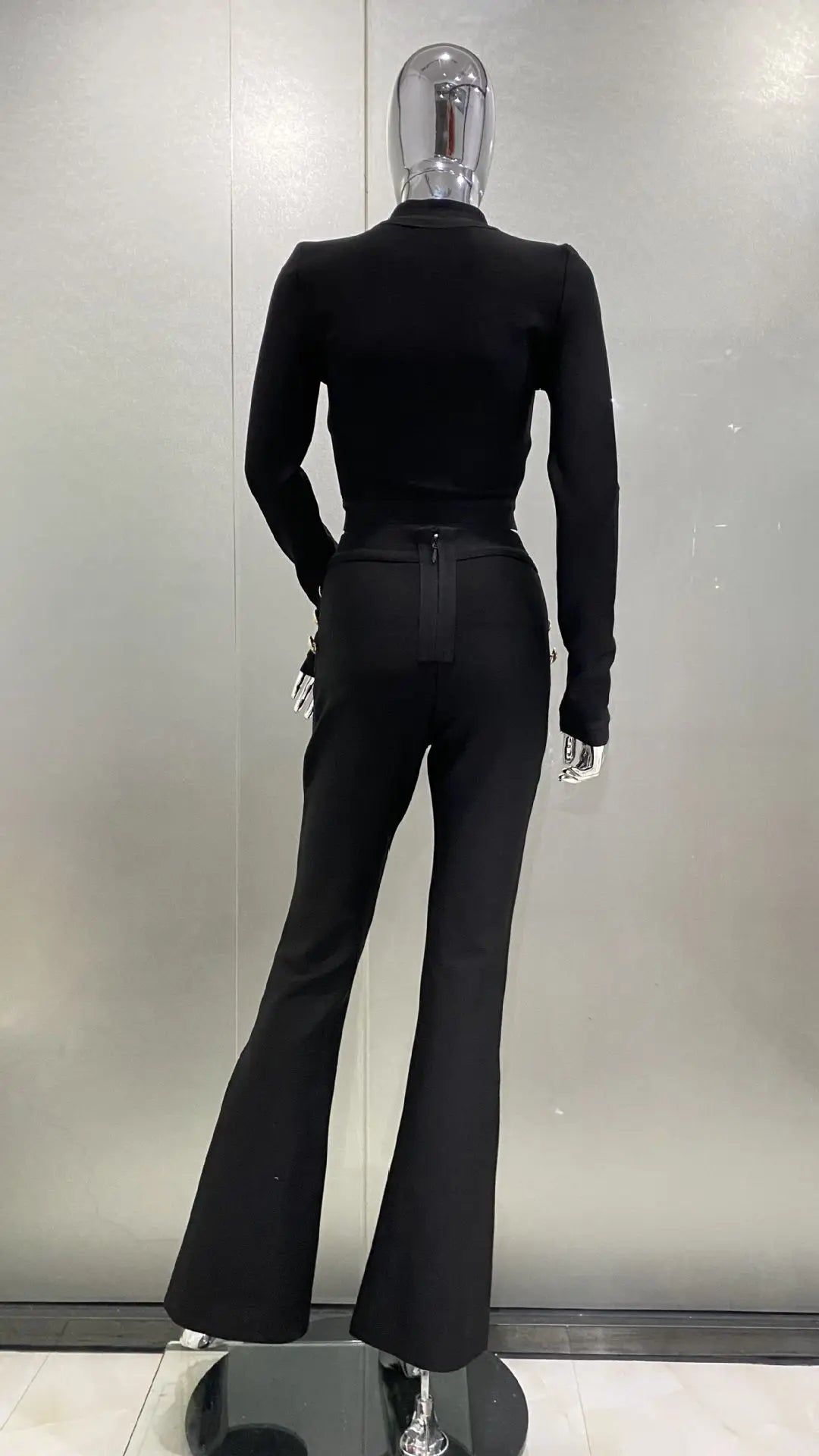 High Quality Bandage Expose Waist Woman Set Fashion Golden Buttons Short Coat Top And Flare Pants 2 Pieces High Street Wear