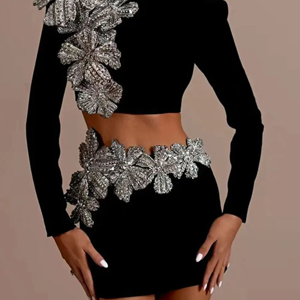 Women's Heavy Industry Nail Bead Flower Short Skirt Set High Collar Long Sleeve Tight Ultra Short Top+Mini Skirt Two Piece Set