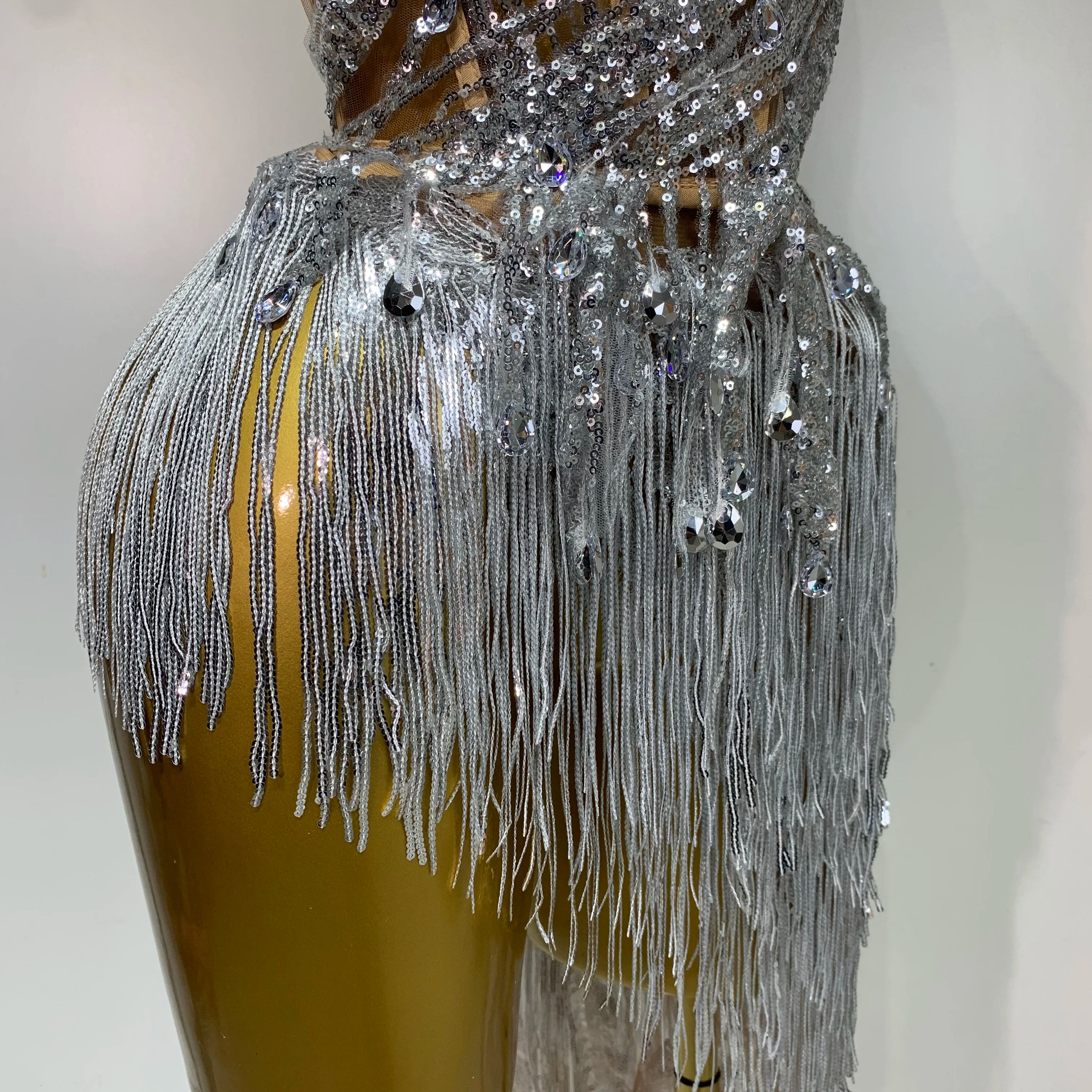 Women Sexy Singer Dancer Performan Costume Nightclub Bar Girl Sparkly Diamond Tassel Two Piece Set Evening Party Outfit