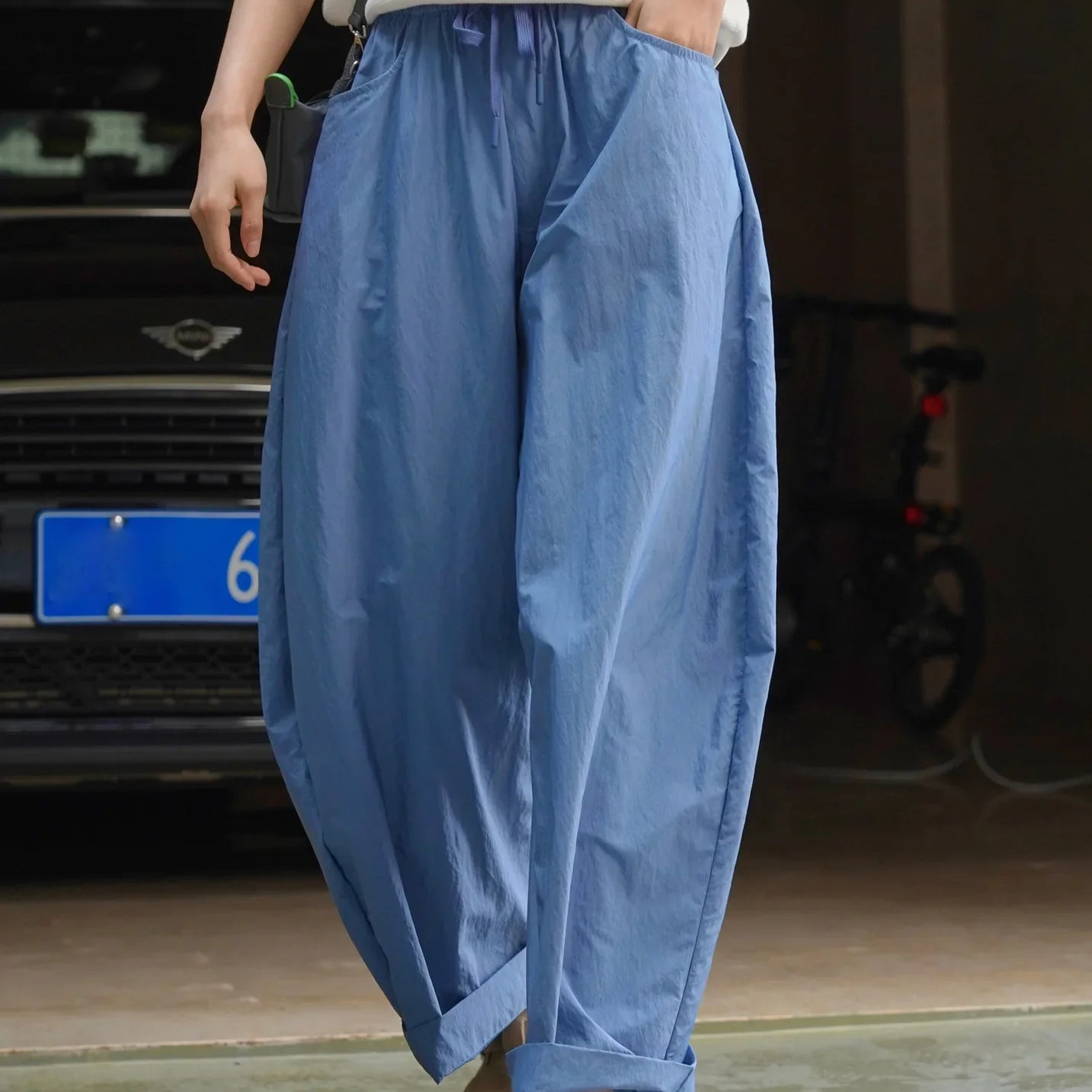 Summer women's casual solid color high waisted loose wide leg pants Blue