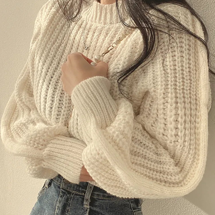 Vintage Harajuku Lantern Long Sleeve Women Sweater Casual Korean Autumn Winter Knitwear Soft Warm Tops Chic Solid Femme Sweater