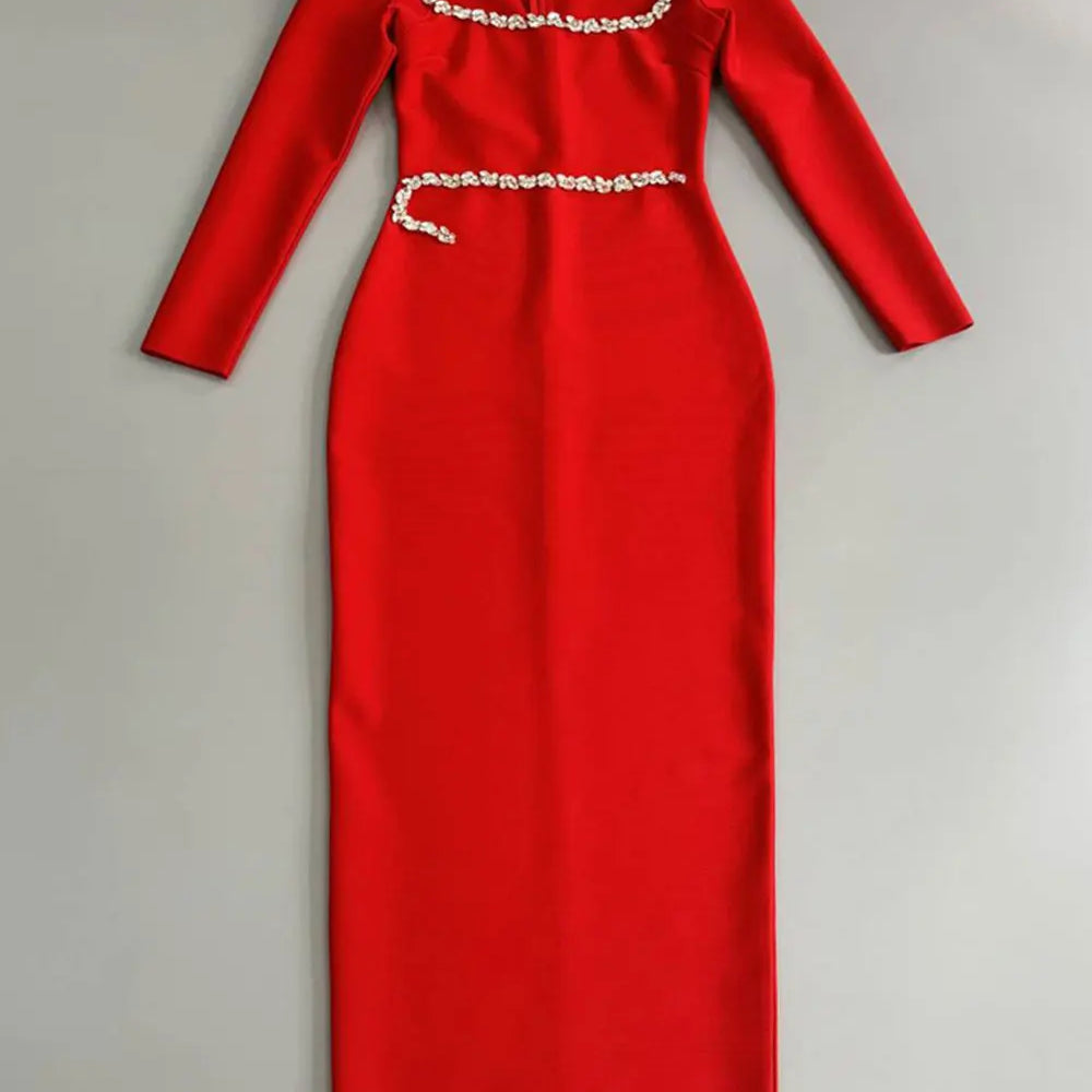 2024 Elegant Women Dress Light Luxury Diamond Design Bandage Dress Square Neck Long Sleeve Bodycon Christmas Red Dress Vestidos